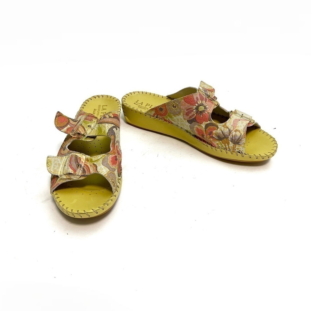 Vintage Y2K deadstock chartreuse leather floral print buckle strap sandals - Picture 4 of 8